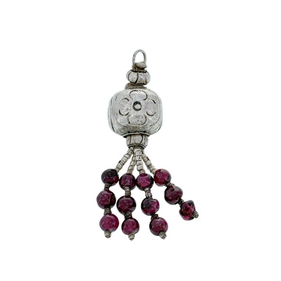 Vintage Silver Tone Garnet Beaded Tassel Pendant - Picture 2 of 5